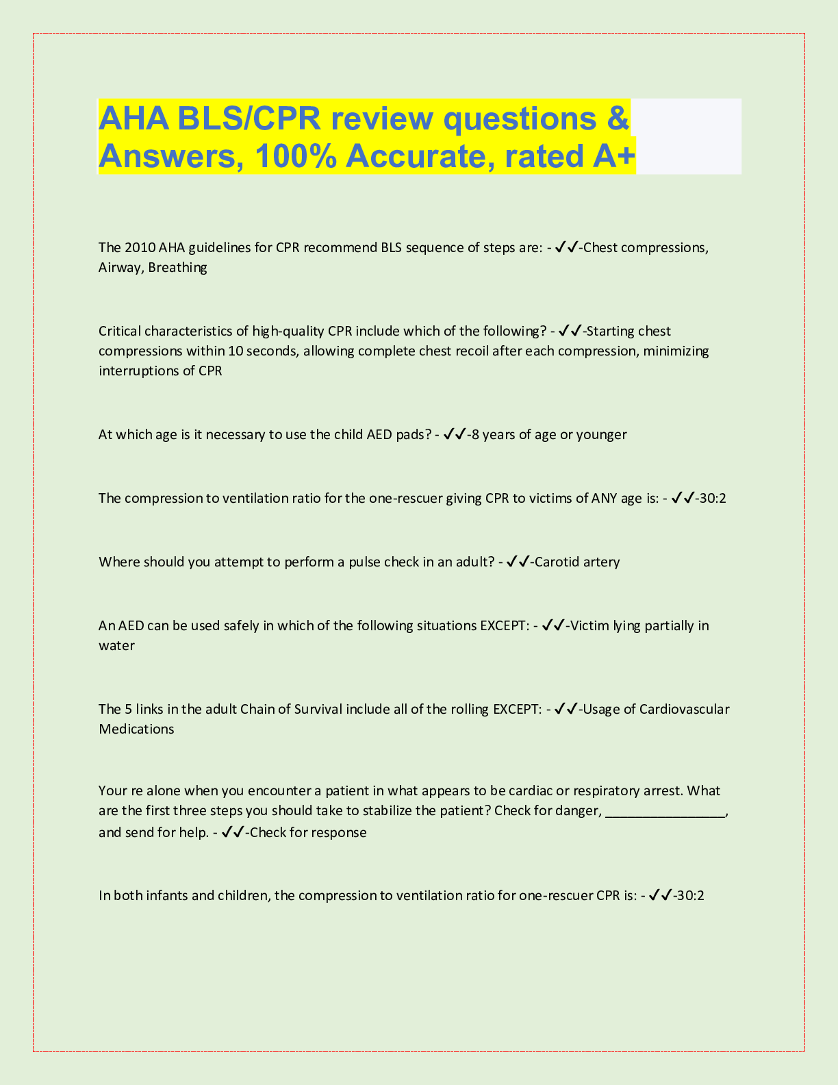 Preview image for AHA BLS/CPR review questions &  Answers, 100% Accurate, rated A+